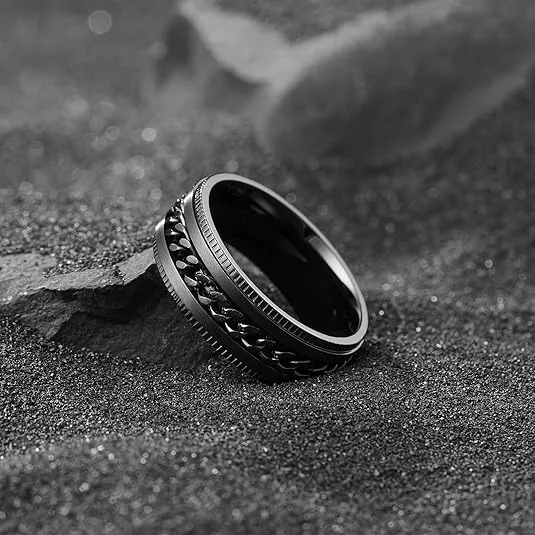 Gold Plated Ring Men's Ring Vintage Stainless Steel Wrap Chain & Pinky Rings Fashion Anxiety Stress Relief Spinning Rotary Ring view 2