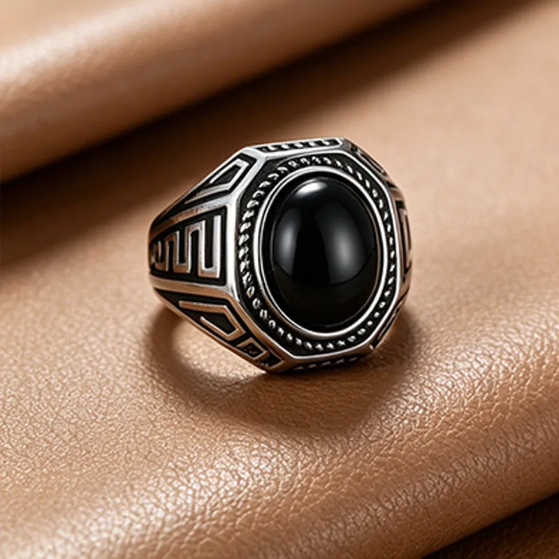 Y2K Rings Silver Plated Rings Stainless Steel Designer Rings Vintage Men Rings Black Gemstone Stainless Steel Fashionable Style view 3