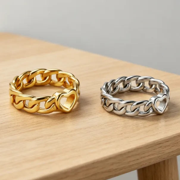 Trendy Heart Chain Rings Stainless Steel Couple Rings for Women Oval Cluster Designer Rings in Gold Silver for Gift