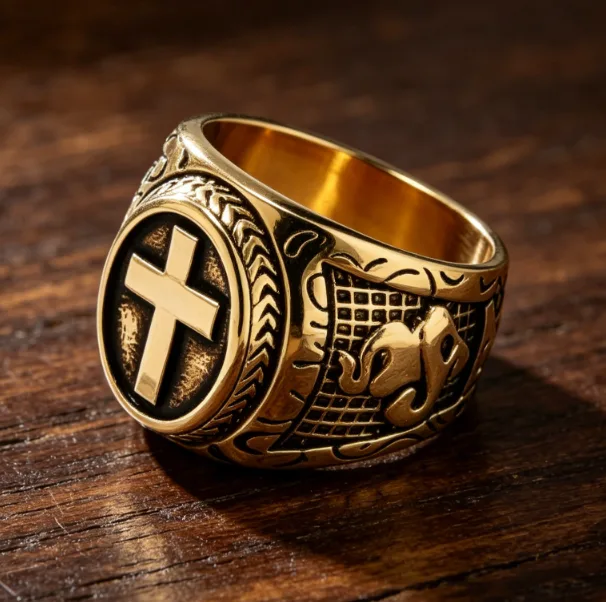 High Quality Stainless Steel Cross Men Rings Punk Style Gold Black Dripping Oil Design Hand God Wedding Engagement Gift view 3