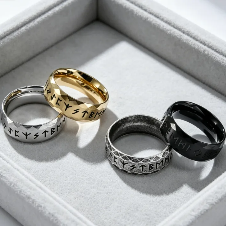 Hiphop Vintage Stress Relief Fidget Ring Rune Amulet Letters Men Rings Gold Stainless Steel Spinning Rotating Viking Finger Gift
