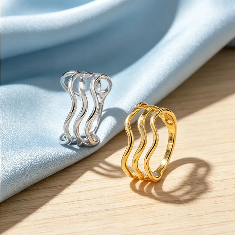 Muxcor Waterproof Non Tarnish Rings for Women Designer Rings Stainless Steel Geometric Trendy Chunky Multi-Layer Cross Ring