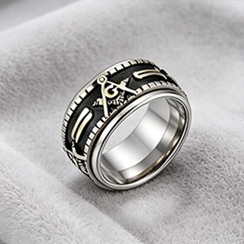 Masonic Rotatable Spinner Biker Ring Two Tones 18K Gold Plated Stainless Steel Rings Bless Men Rings Gift Designer Rings