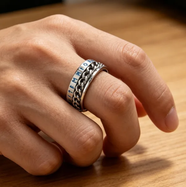 Viking Spinner Chain Ring Stainless Steel Luminous Norse Style Men Rings Stainless Steel Stress Relief Spinning Rotary Ring view 3