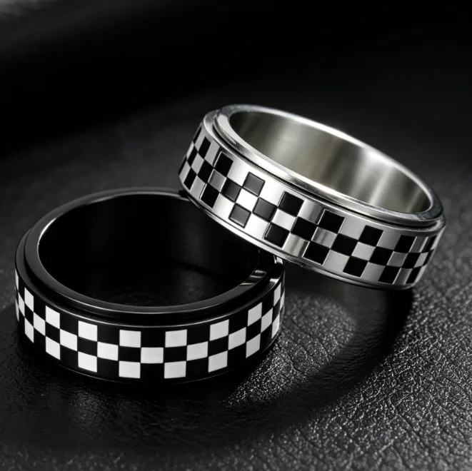 Classic Vintage Rings Stainless Steel Silver Plated Racing Flag Black and White Chessboard Grid Rotatable Ring Unisex Men Rings
