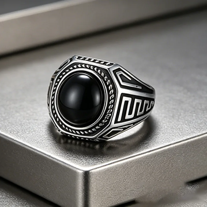 Y2K Rings Silver Plated Rings Stainless Steel Designer Rings Vintage Men Rings Black Gemstone Stainless Steel Fashionable Style