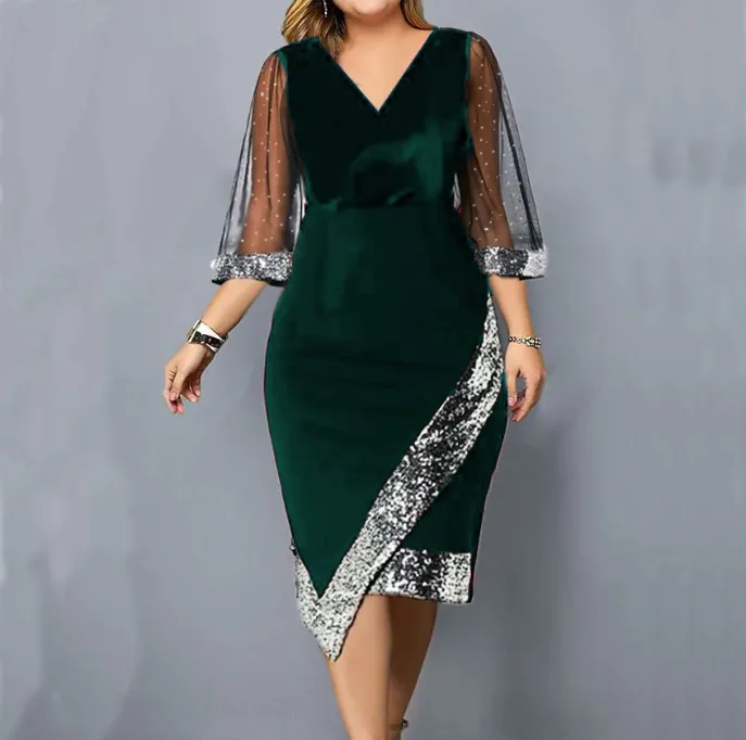 Women’s Gold Velvet Irregular Sequin Sheer Mesh Dress view 3