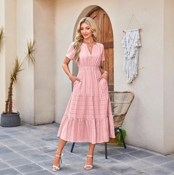 Women V‑Neck Ruched Puff Sleeve Flared Short Sleeve Dress Amazon Best Seller view 3
