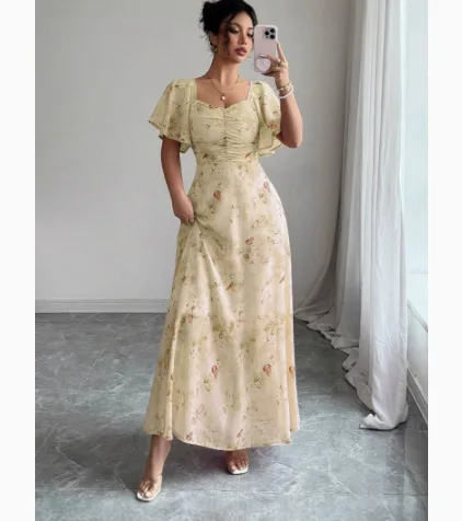 Women European American Amazon Best‑Seller Printed Ruffle Sleeve Slim Lined Elegant Dress
