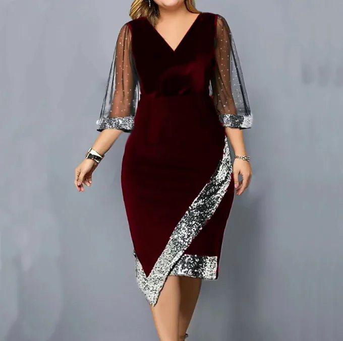 Women’s Gold Velvet Irregular Sequin Sheer Mesh Dress view 2