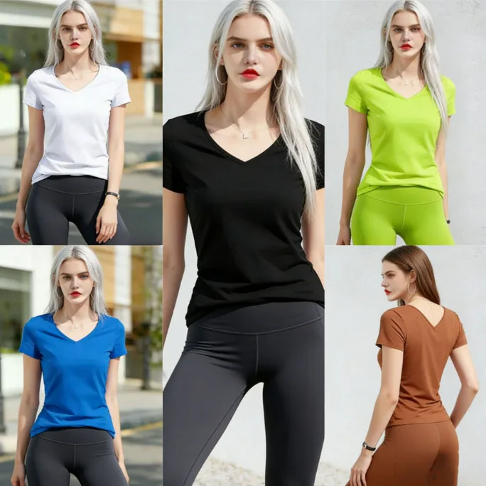 Y2K Deep V Neck Solid Basic Slim Short Sleeve Hot Girl T‑Shirt In Stock