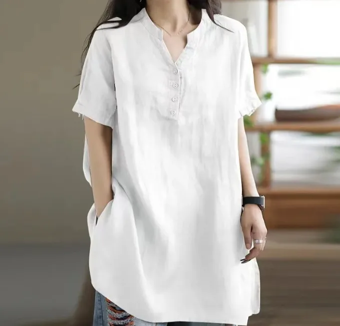 Women Cotton Plus Size Loose V‑Neck Button Solid Short Sleeve T‑Shirt Spring Summer view 3