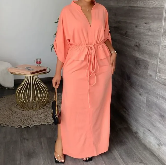 Women Solid V‑Neck Tie‑Waist Slim Dress Casual Commute Home Elegant Dress view 3
