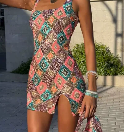 Women’s Fashion New Arrival Colorful Diamond Grid Sequin Slit Bodycon Sexy Dress view 3