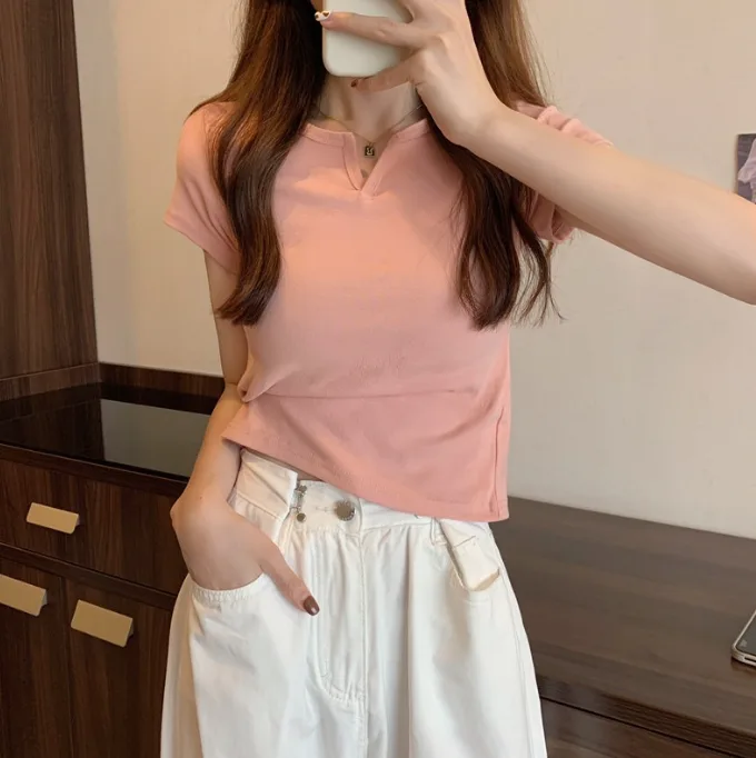 Women’s Summer Cropped T‑Shirt, Small V‑Neck Short Sleeve Slim Fit Solid Color Sexy Cropped Top view 2