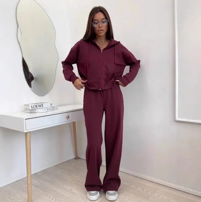 Women’s European American Sports Two Piece Set Long Sleeve Zip Up Hooded Sweatshirt Drawstring Long Pants Cotton Outfit view 2