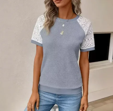 Factory Direct New Arrival Women’s Casual T‑Shirt, Solid Color Lace Long Sleeve Hollow Out Round Neck Top view 3
