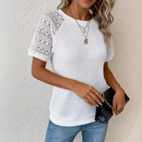 Factory Direct New Arrival Women’s Casual T‑Shirt, Solid Color Lace Long Sleeve Hollow Out Round Neck Top