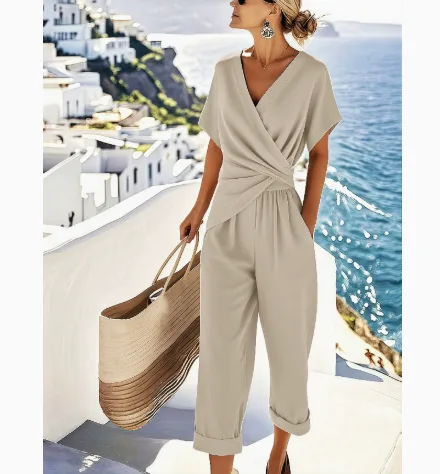 Women’s Summer New Arrival, European American Style Solid Color Irregular Short Sleeve Two‑Piece Outfit