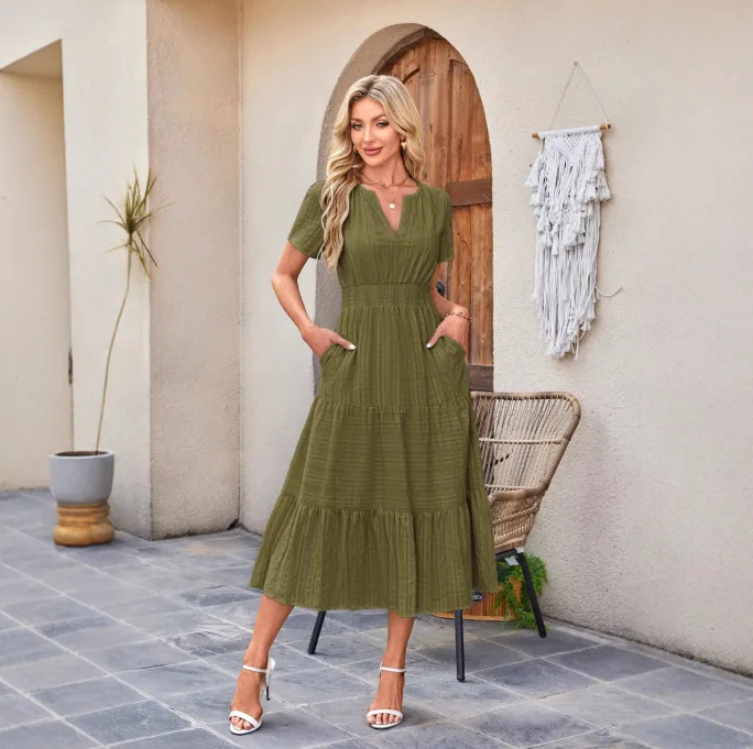 Women V‑Neck Ruched Puff Sleeve Flared Short Sleeve Dress Amazon Best Seller view 2