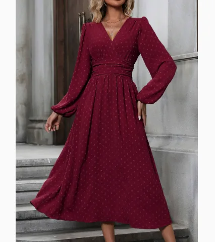 Women Autumn Winter Diagonal Collar Lantern Sleeve Ruffled Waist Pom‑Pom Decor Dress view 2