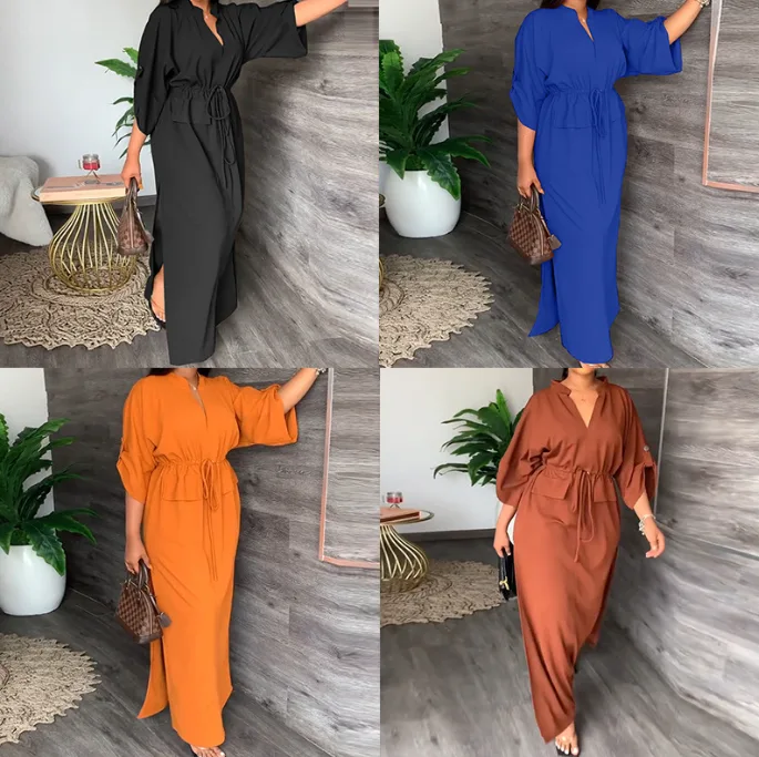 Women Solid V‑Neck Tie‑Waist Slim Dress Casual Commute Home Elegant Dress