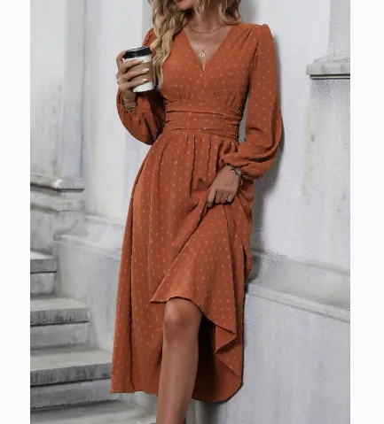 Women Autumn Winter Diagonal Collar Lantern Sleeve Ruffled Waist Pom‑Pom Decor Dress view 3