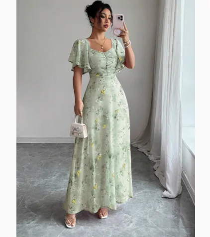 Women European American Amazon Best‑Seller Printed Ruffle Sleeve Slim Lined Elegant Dress view 2
