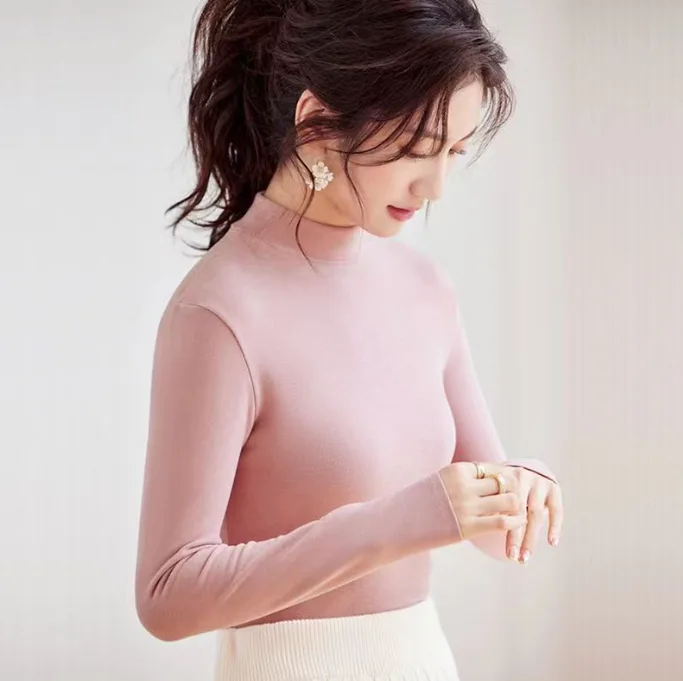 Women Autumn Winter Dralon Thermal Base Layer Slim Solid Long Sleeve Elegant Top