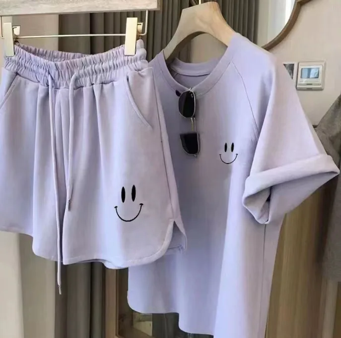 Summer Smiley Print Casual Sports Two‑Piece Set Loose Minimalist Youthful Women Outfit view 3