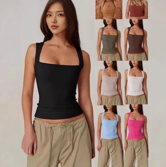 Women’s Summer New Arrival Square Neck Sleeveless Double Layer Tank Top Basic Slim Fit Solid Color T Shirt