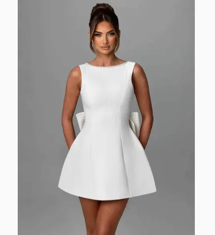 Women’s Summer Mini Dress Pearl‑Embellished Bow Back Design Slim‑Fit A‑Line Short Dress