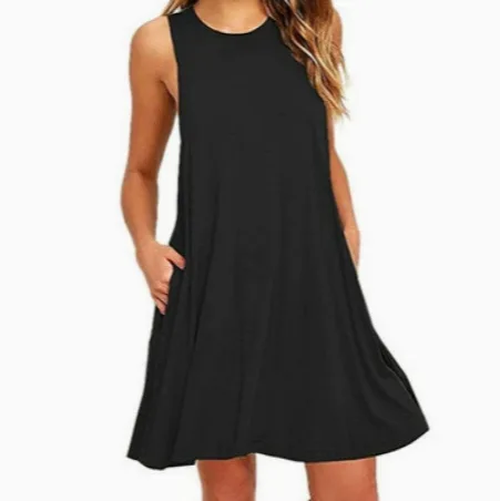 Women’s Sleeveless Vest Dress With Pockets, Classic Elegant Midi Dress In Stock