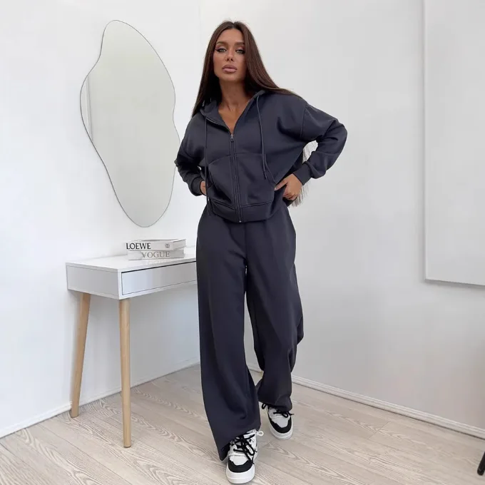 Women’s European American Sports Two Piece Set Long Sleeve Zip Up Hooded Sweatshirt Drawstring Long Pants Cotton Outfit view 3