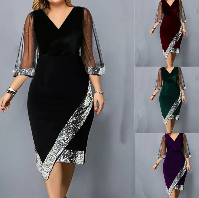 Women’s Gold Velvet Irregular Sequin Sheer Mesh Dress