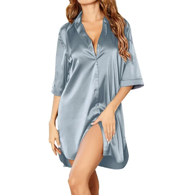 Women’s Solid Color Smooth Sexy Shirt Comfortable Satin Long Nightgown Suitable For Home And Outer Wear view 3