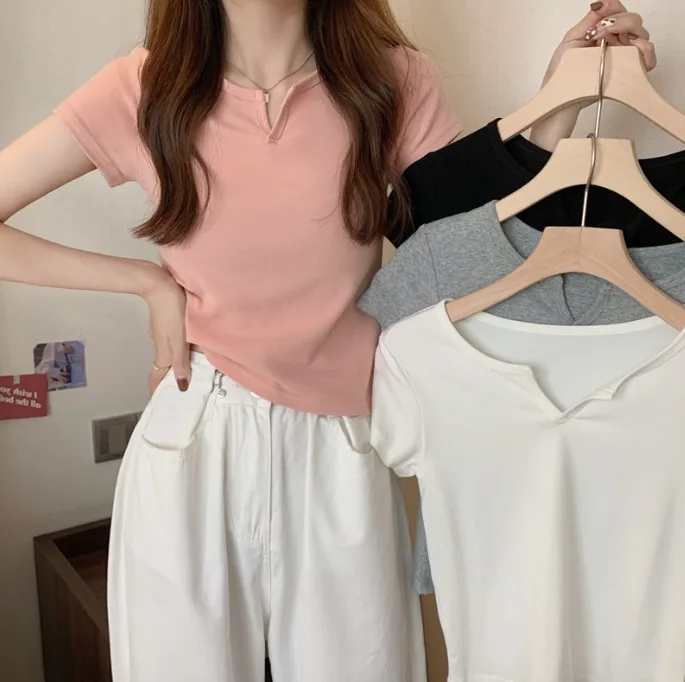 Women’s Summer Cropped T‑Shirt, Small V‑Neck Short Sleeve Slim Fit Solid Color Sexy Cropped Top