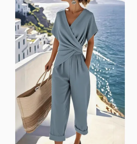 Women’s Summer New Arrival, European American Style Solid Color Irregular Short Sleeve Two‑Piece Outfit view 2