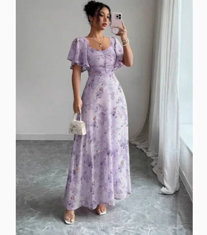 Women European American Amazon Best‑Seller Printed Ruffle Sleeve Slim Lined Elegant Dress view 3