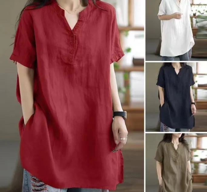Women Cotton Plus Size Loose V‑Neck Button Solid Short Sleeve T‑Shirt Spring Summer