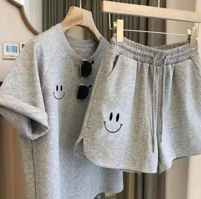 Summer Smiley Print Casual Sports Two‑Piece Set Loose Minimalist Youthful Women Outfit view 2