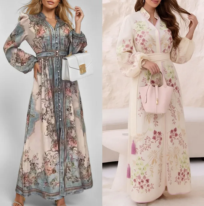 Women’s Vintage Royal Elegant Light Color V Neck Long Sleeve Print Big Flare Midi Dress