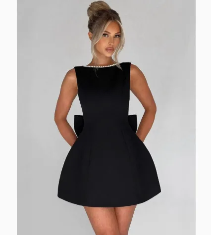 Women’s Summer Mini Dress Pearl‑Embellished Bow Back Design Slim‑Fit A‑Line Short Dress view 2