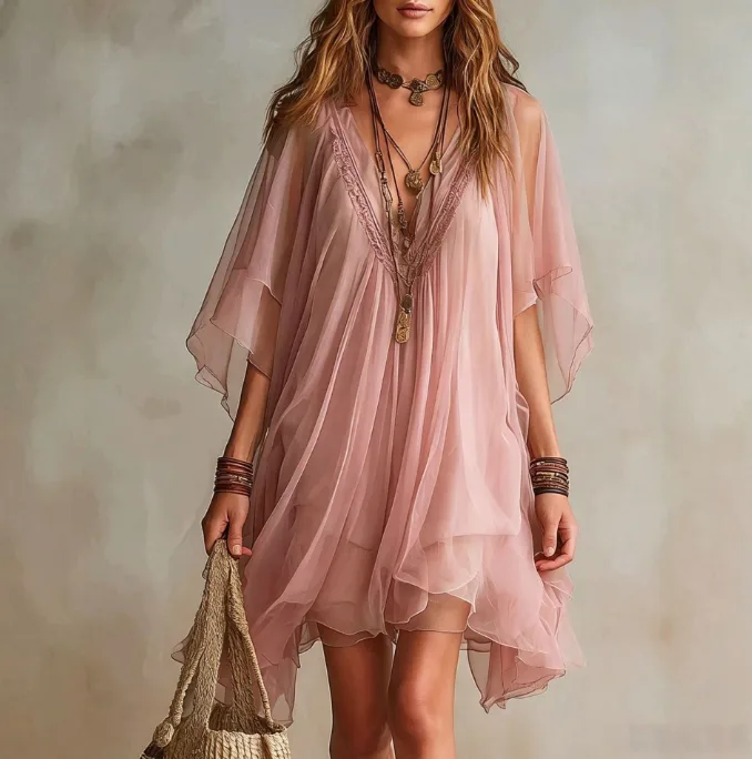 Women Summer V‑Neck Chiffon Two‑Piece Set Loose Beach Cover‑Up Dress Seaside Vacation view 3