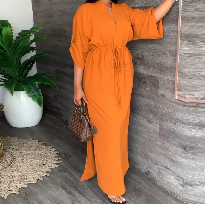 Women Solid V‑Neck Tie‑Waist Slim Dress Casual Commute Home Elegant Dress view 2