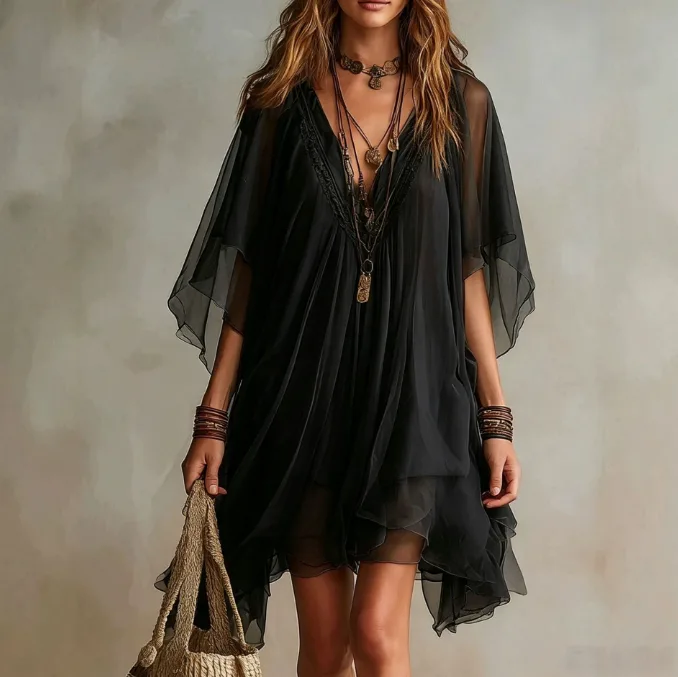 Women Summer V‑Neck Chiffon Two‑Piece Set Loose Beach Cover‑Up Dress Seaside Vacation view 2