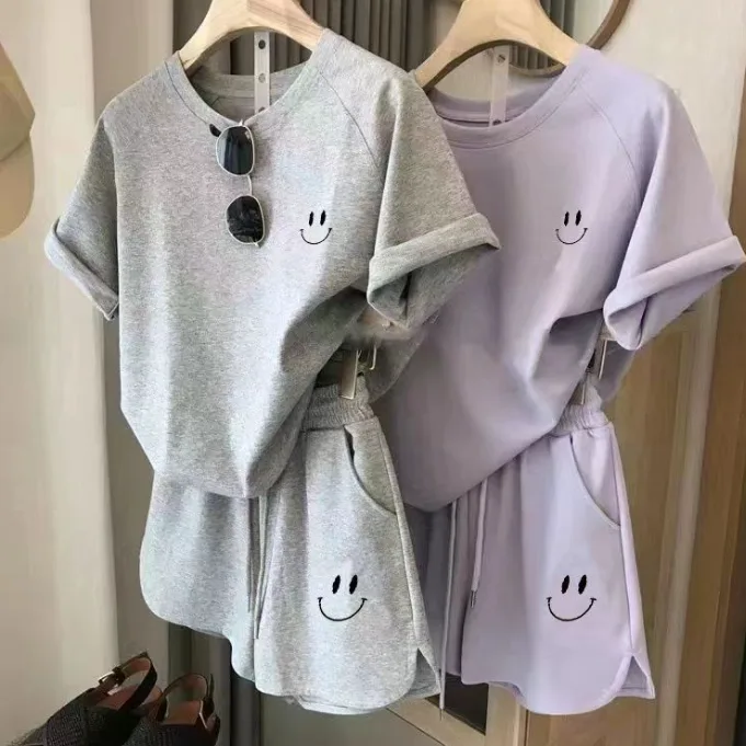 Summer Smiley Print Casual Sports Two‑Piece Set Loose Minimalist Youthful Women Outfit