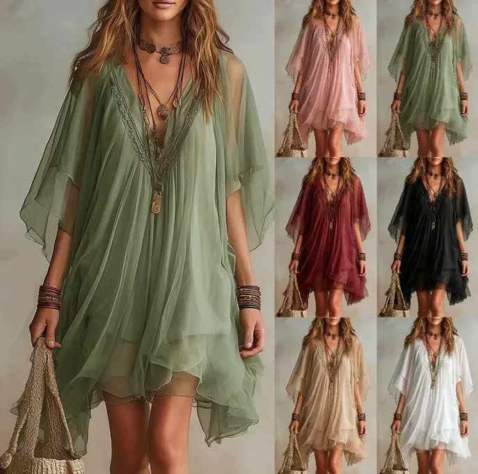Women Summer V‑Neck Chiffon Two‑Piece Set Loose Beach Cover‑Up Dress Seaside Vacation