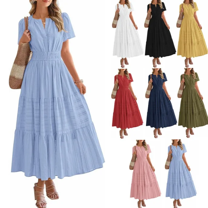 Women V‑Neck Ruched Puff Sleeve Flared Short Sleeve Dress Amazon Best Seller