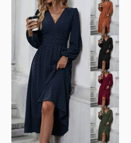 Women Autumn Winter Diagonal Collar Lantern Sleeve Ruffled Waist Pom‑Pom Decor Dress